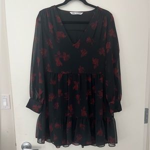 Zara • Black Dress with Sheer Fabric Printed Burgundy Flowers Size Small